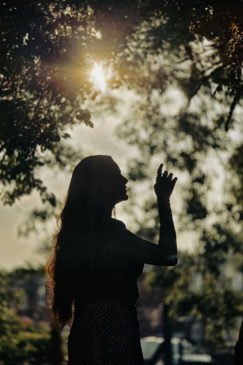 A person standing in golden light among trees