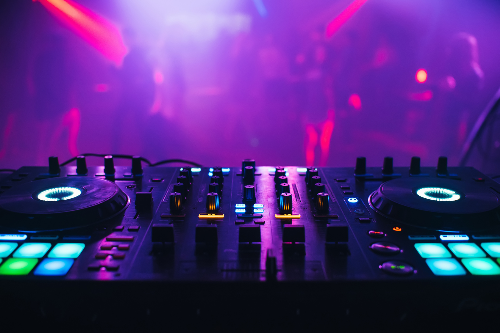 Professional speaker and sound deck console close up
