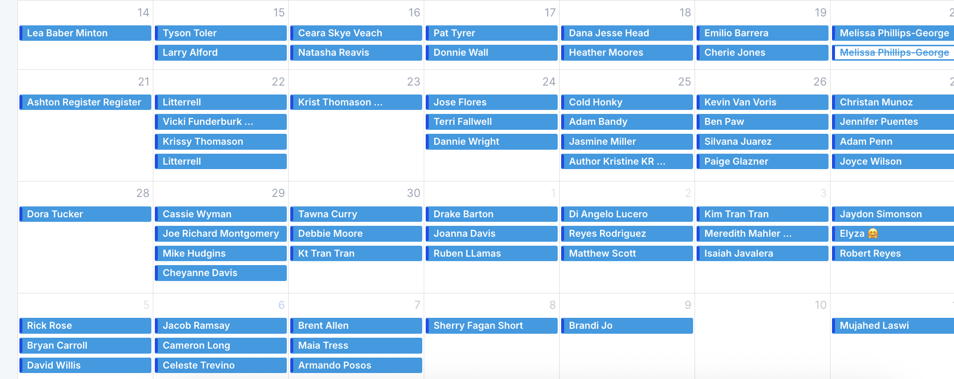 Calendar bookings snapshot