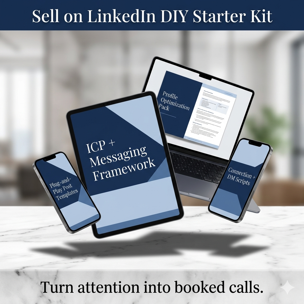Sell on LinkedIn DIY Starter Kit shown on laptop, tablet, and phones