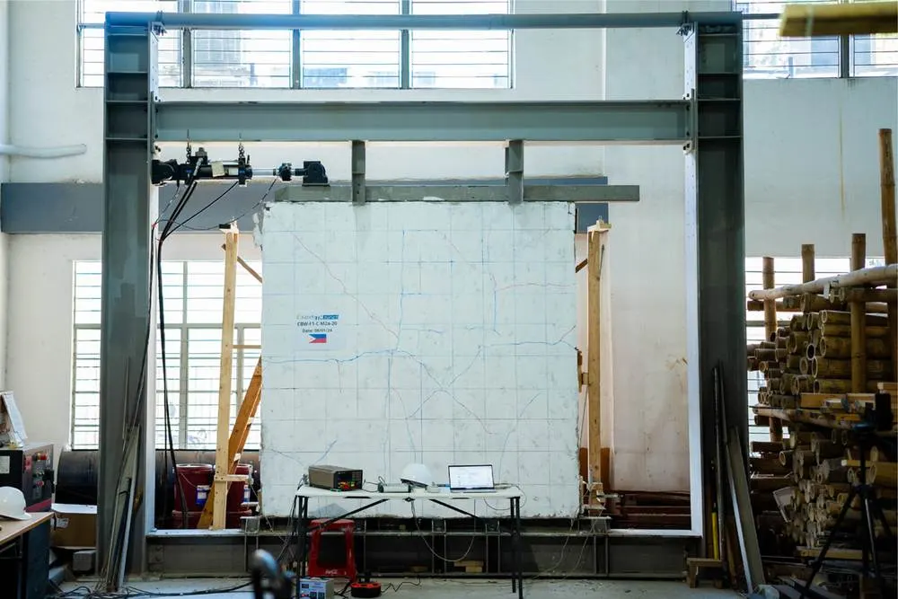 Full-scale CBFT wall panel during a dynamic loading test at the Hilti Foundation lab in Makati