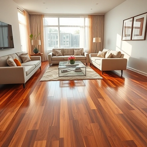 Prefinished hardwood flooring in a modern Geneva living room with warm tones and stylish decor, creating an inviting atmosphere.