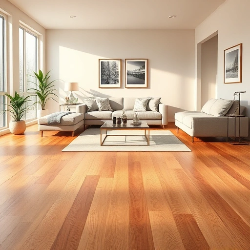 Prefinished oak hardwood flooring shines in a modern Geneva living room with minimalist decor and natural light.