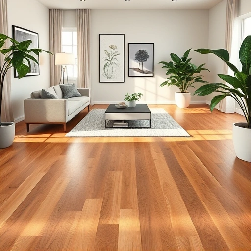 Prefinished oak hardwood flooring installation in a modern living room with minimalist furniture and natural light.
