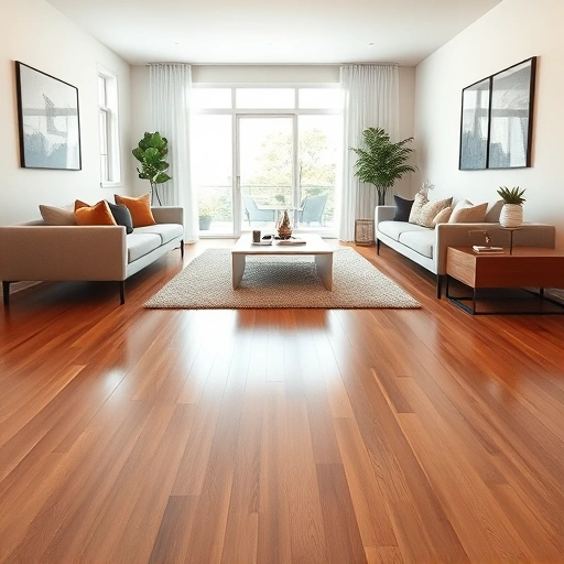 Prefinished hardwood flooring shines in a contemporary Geneva living room with modern decor and natural light.