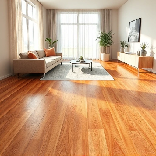 Completed prefinished hardwood flooring in a modern living room with warm tones, natural light, and minimalistic decor.