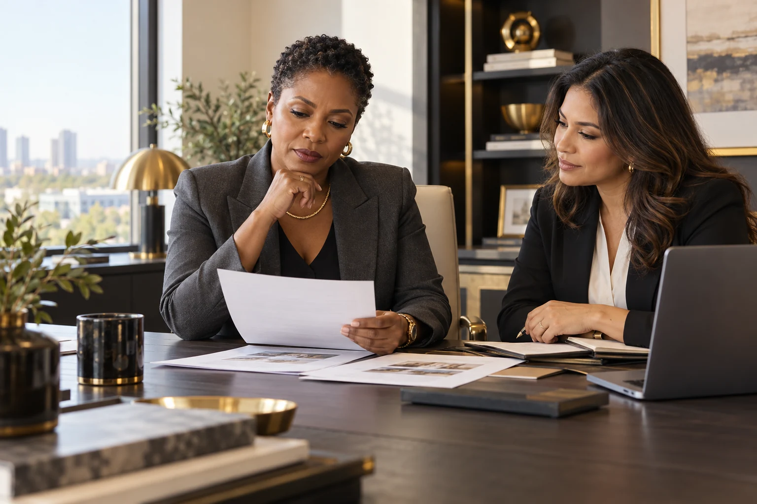 Illustrative brokerage owner reviewing a business decision with a colleague
