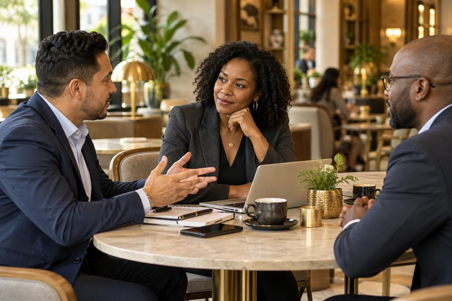 Illustrative business mentor listening to colleagues in a cafe
