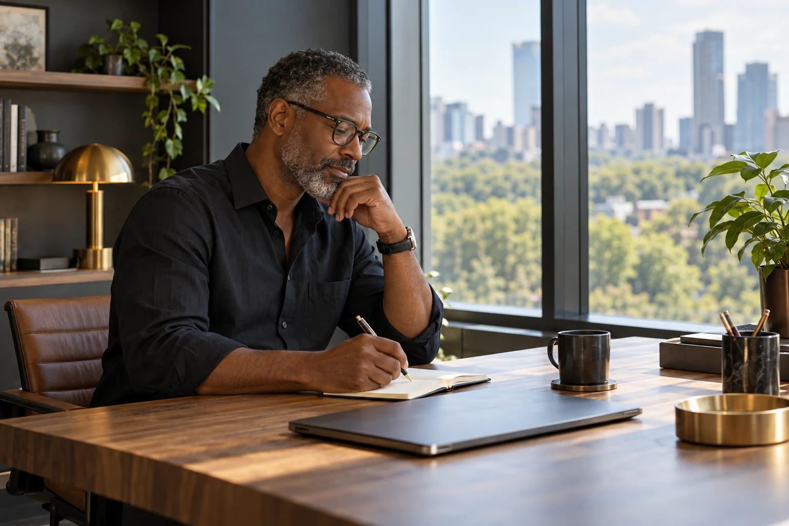 Illustrative business owner reflecting on a plan in his workspace