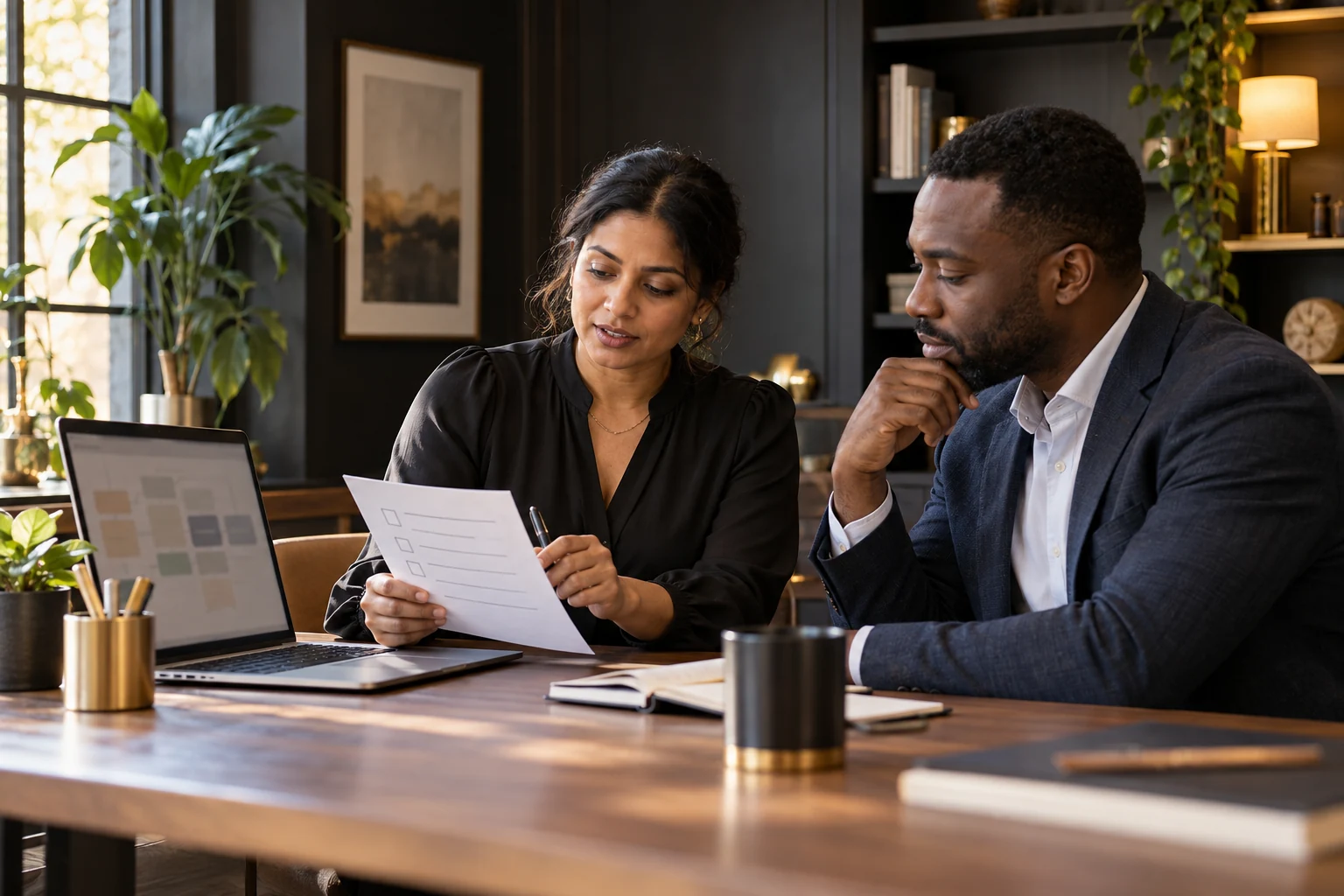 Illustrative business owner reviewing a checklist with an operations colleague