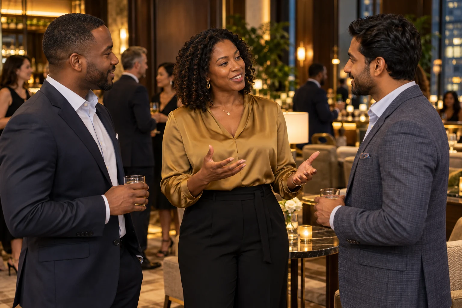 Illustrative professional introducing two colleagues at a networking reception