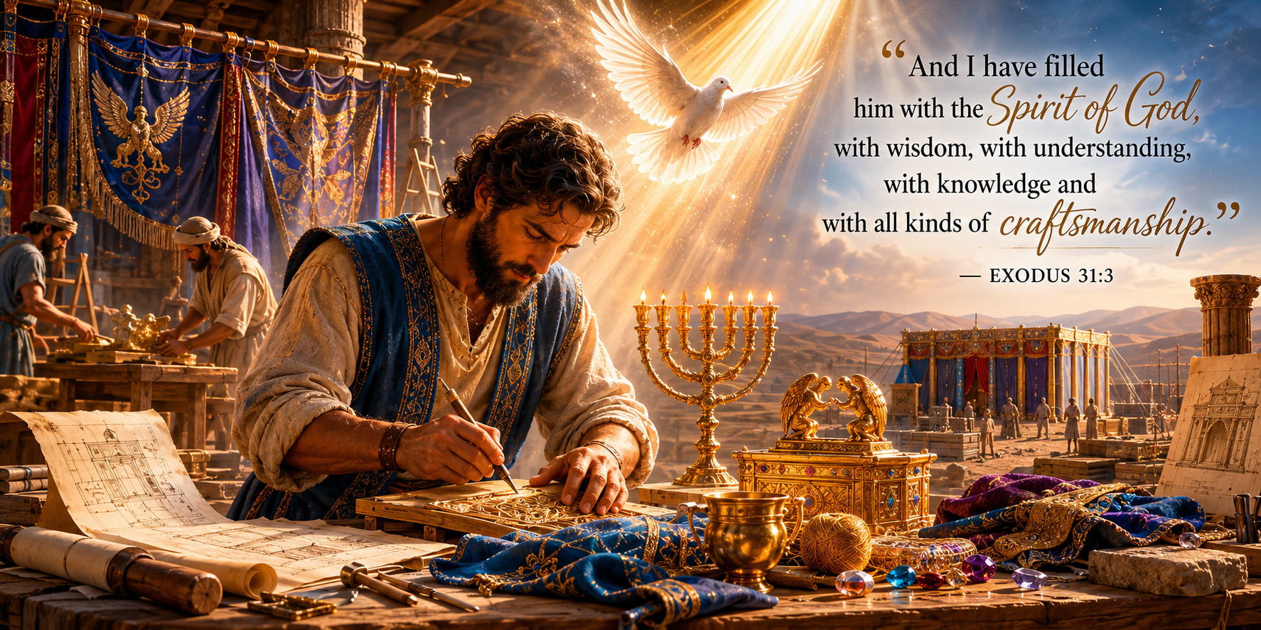 Bezalel, filled with the Spirit of God, creating sacred furnishings for the Tabernacle with gold, embroidery, and craftsmanship as described in Exodus 31
