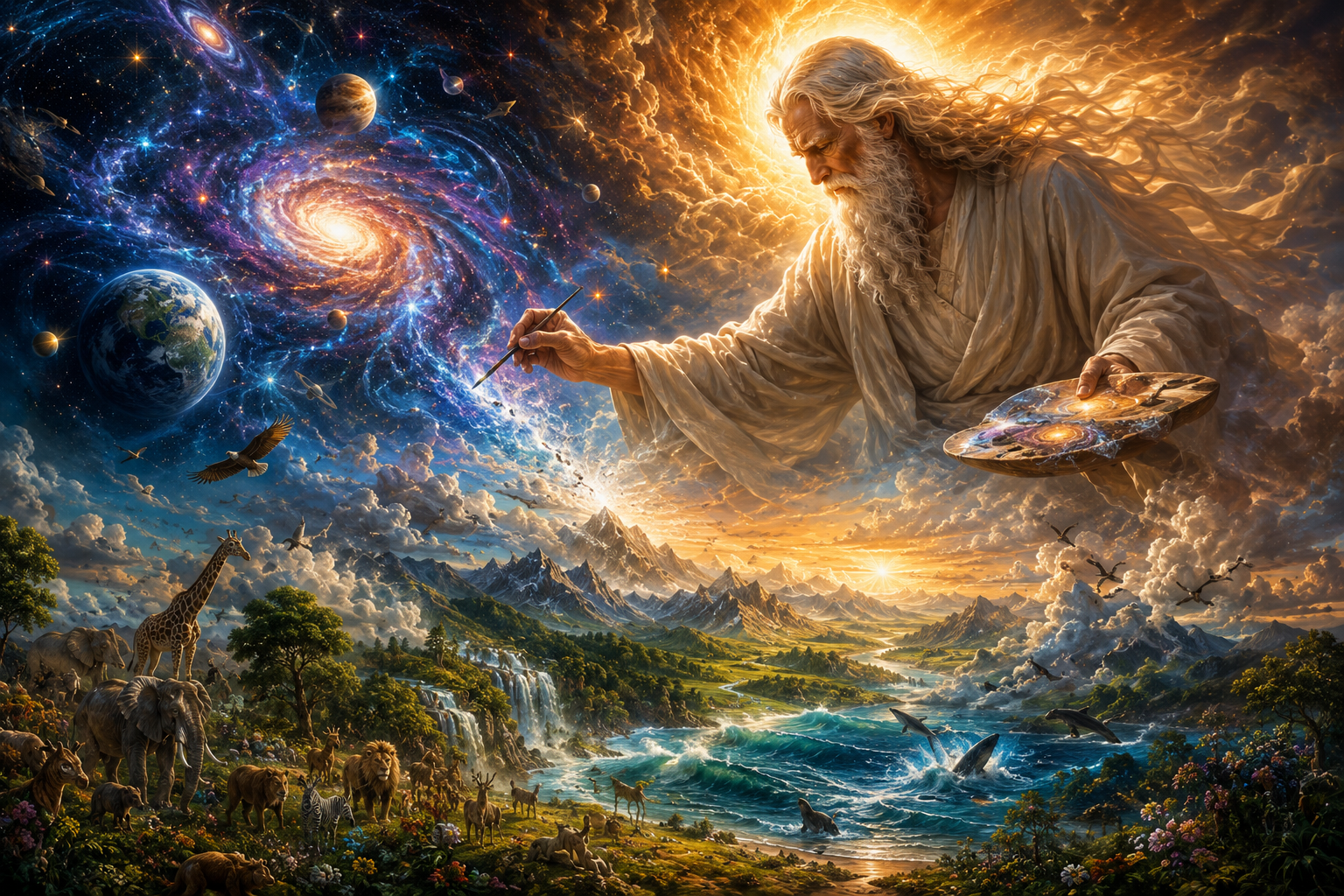 The creation of the world unfolding like a divine artist's canvas with galaxies, mountains, oceans, animals, and light revealing God's creative power in Genesis.