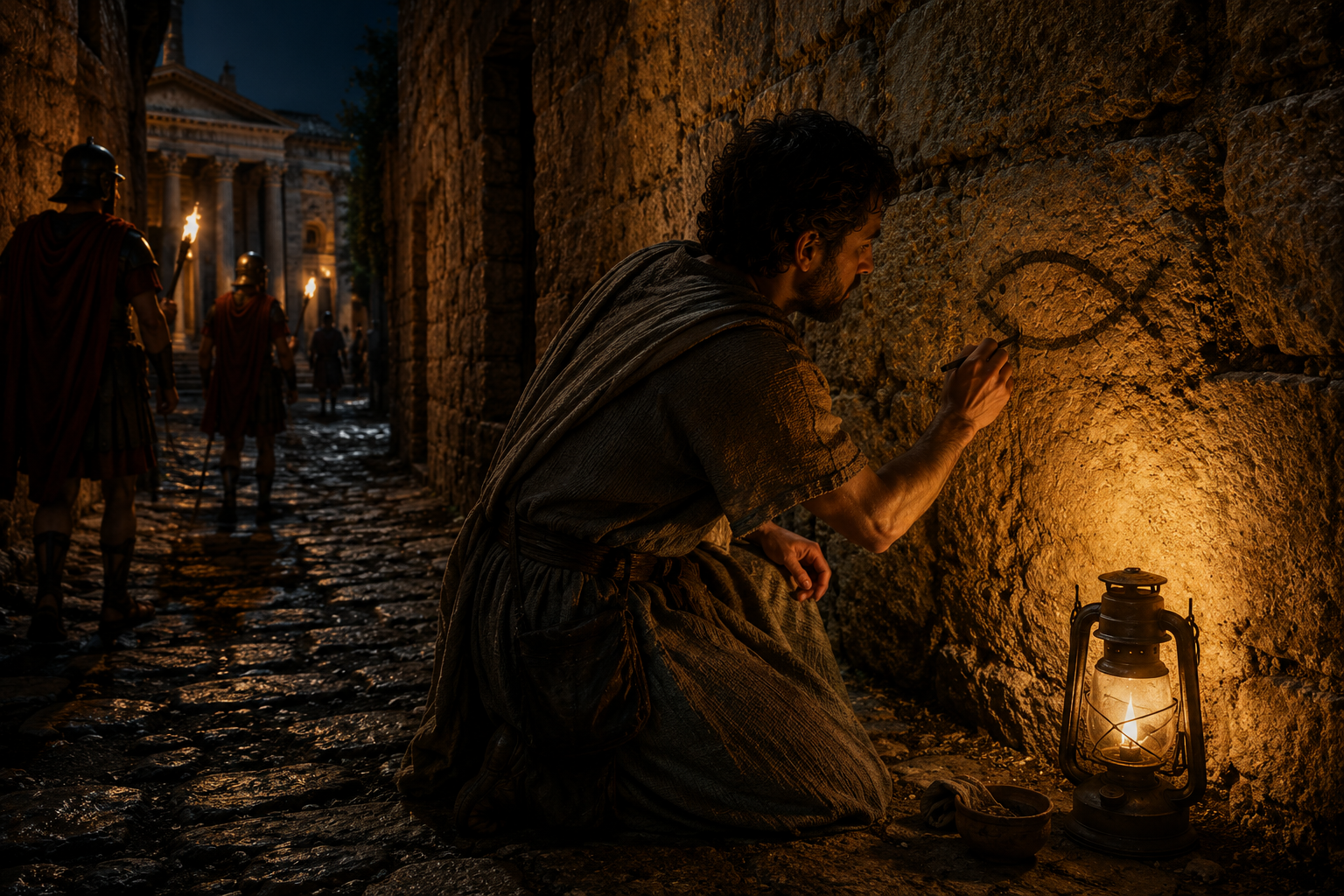 Early Christian secretly drawing the Ichthys fish symbol on a wall at night during Roman persecution, representing faith, hope, and hidden communication.