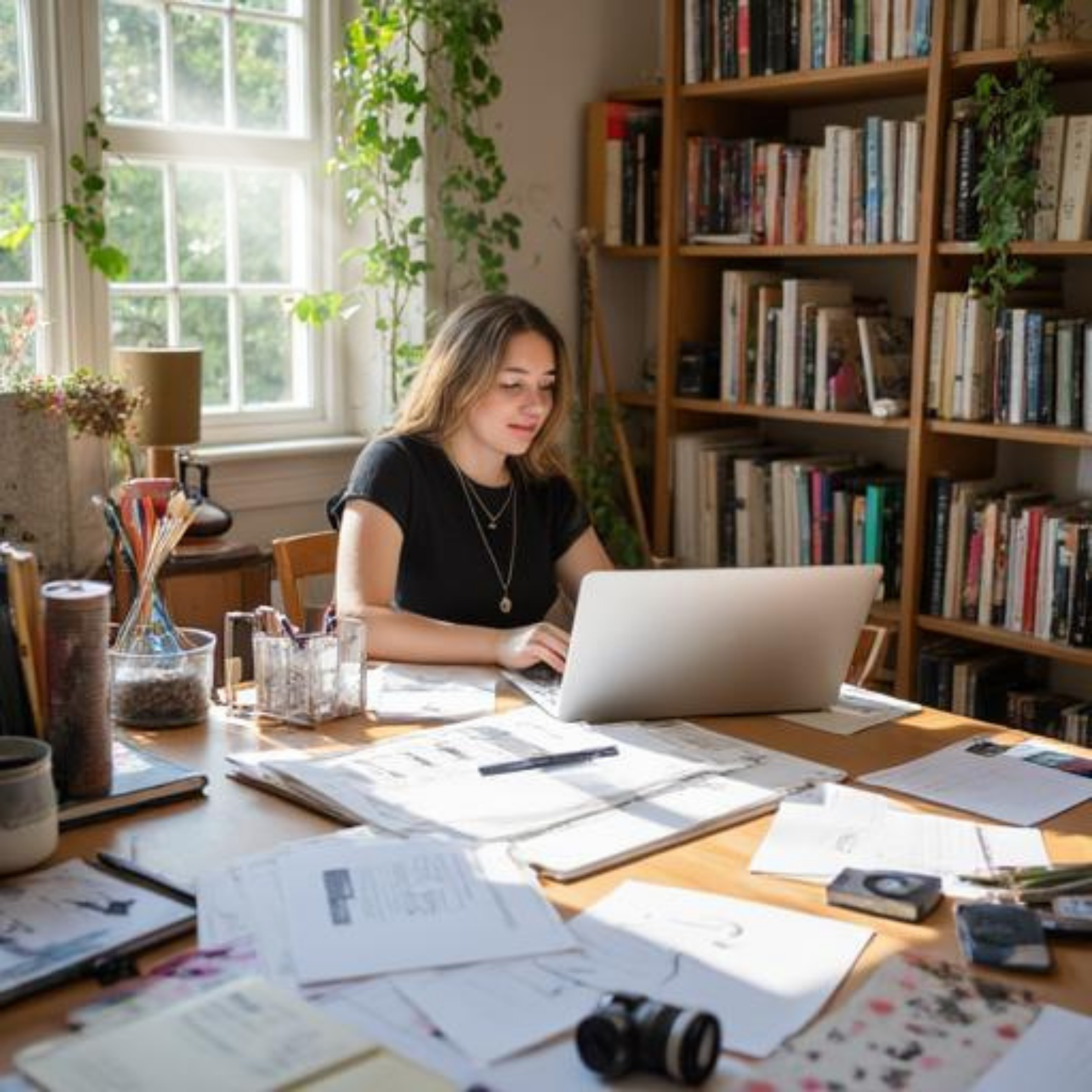 Contemporary Christian woman writer and artist creating faith-inspired work at her desk surrounded by books, camera, laptop, sketches, and art supplies.