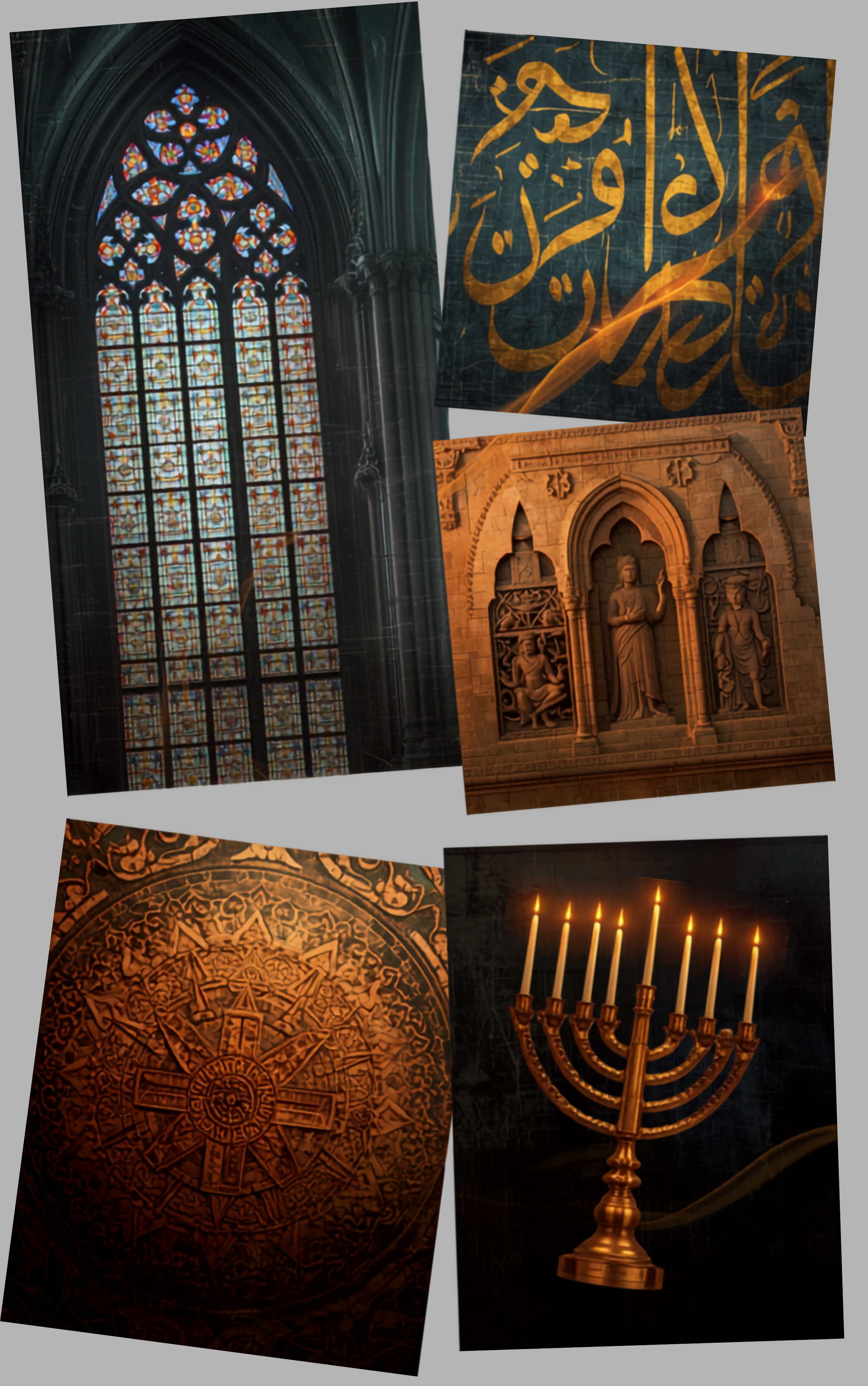 Religious art from Christianity, Islam, Hinduism, Buddhism, and Judaism illustrating the universal connection between faith, creativity, worship, and sacred symbolism.