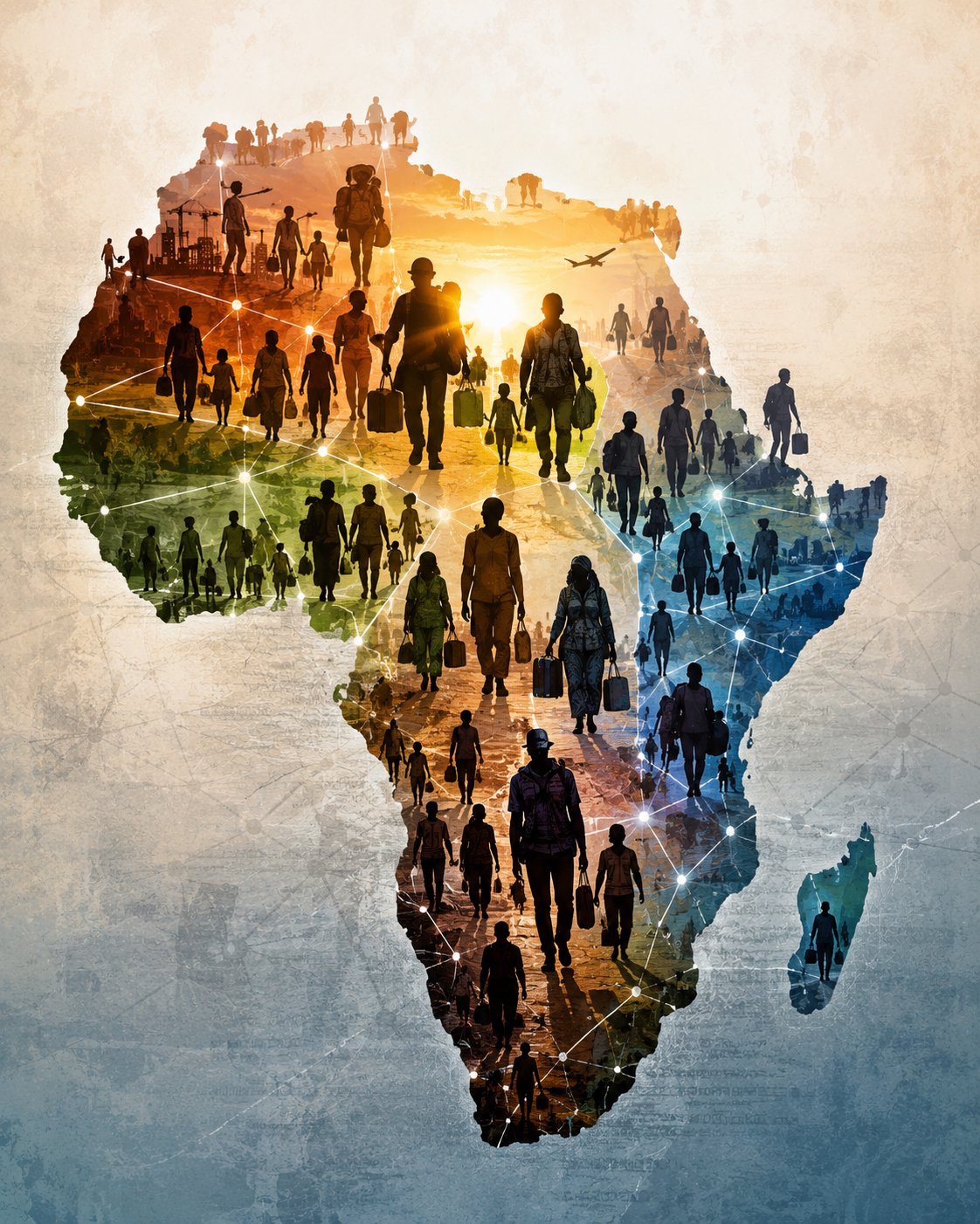 African migration depicted through interconnected human figures across the continent.