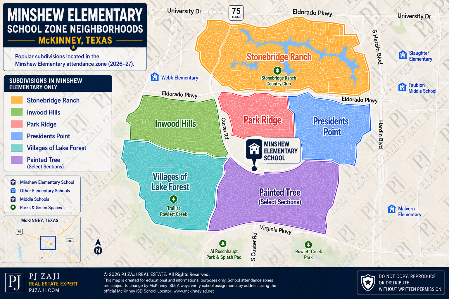 Minshew Elementary School attendance zone map in McKinney, Texas, showing Stonebridge Ranch, Inwood Hills, Park Ridge, Presidents Point, Villages of Lake Forest, and select sections of Painted Tree in McKinney ISD.