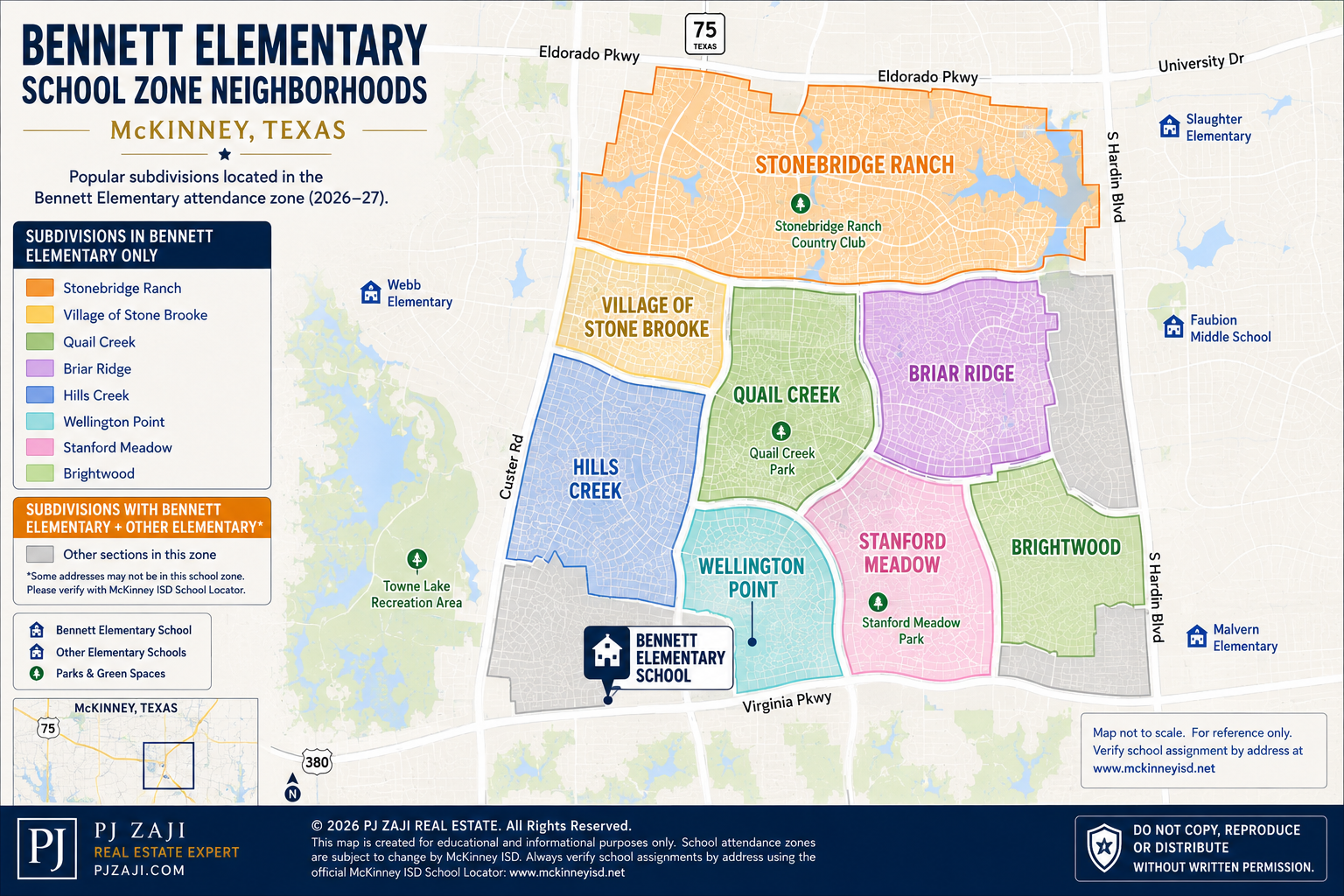 Bennett Elementary School attendance zone map in McKinney, Texas, showing Stonebridge Ranch, Village of Stone Brooke, Quail Creek, Briar Ridge, Hills Creek, Wellington Point, Stanford Meadow, and Brightwood neighborhoods in McKinney ISD.