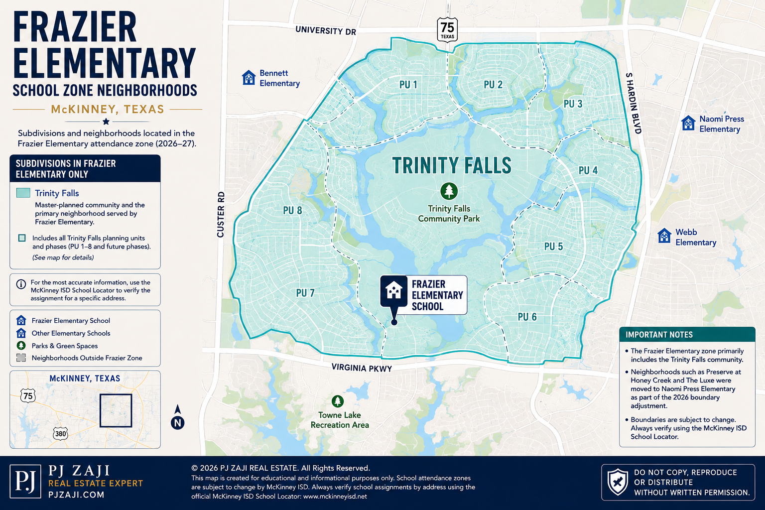 Frazier Elementary School attendance zone map in McKinney, Texas, showing Trinity Falls neighborhoods and planning units served by Frazier Elementary in McKinney ISD.