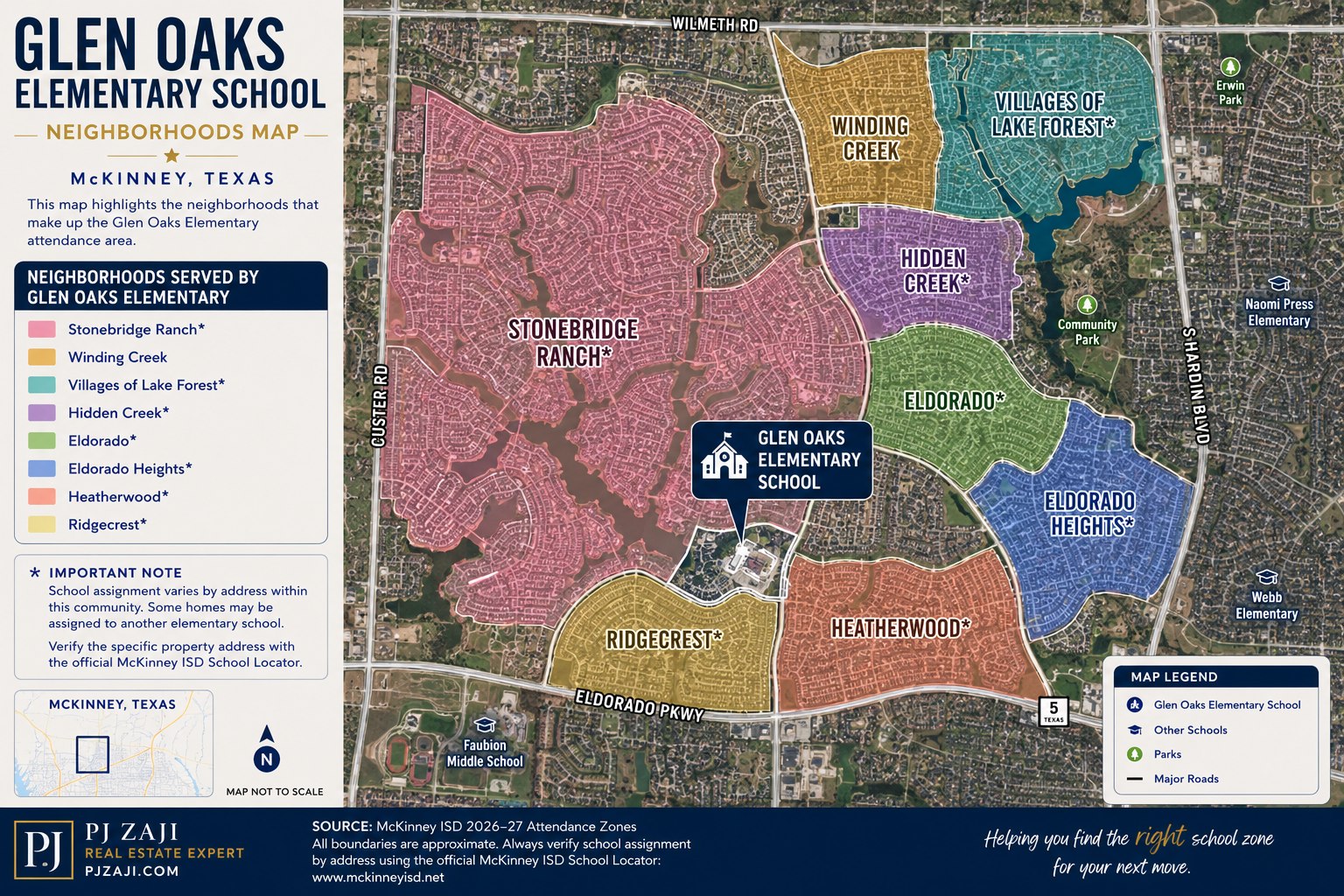 Glen Oaks Elementary School neighborhoods map in McKinney, Texas, showing Stonebridge Ranch, Winding Creek, Villages of Lake Forest, Hidden Creek, Eldorado, Eldorado Heights, Heatherwood, and Ridgecrest within the McKinney ISD attendance area.