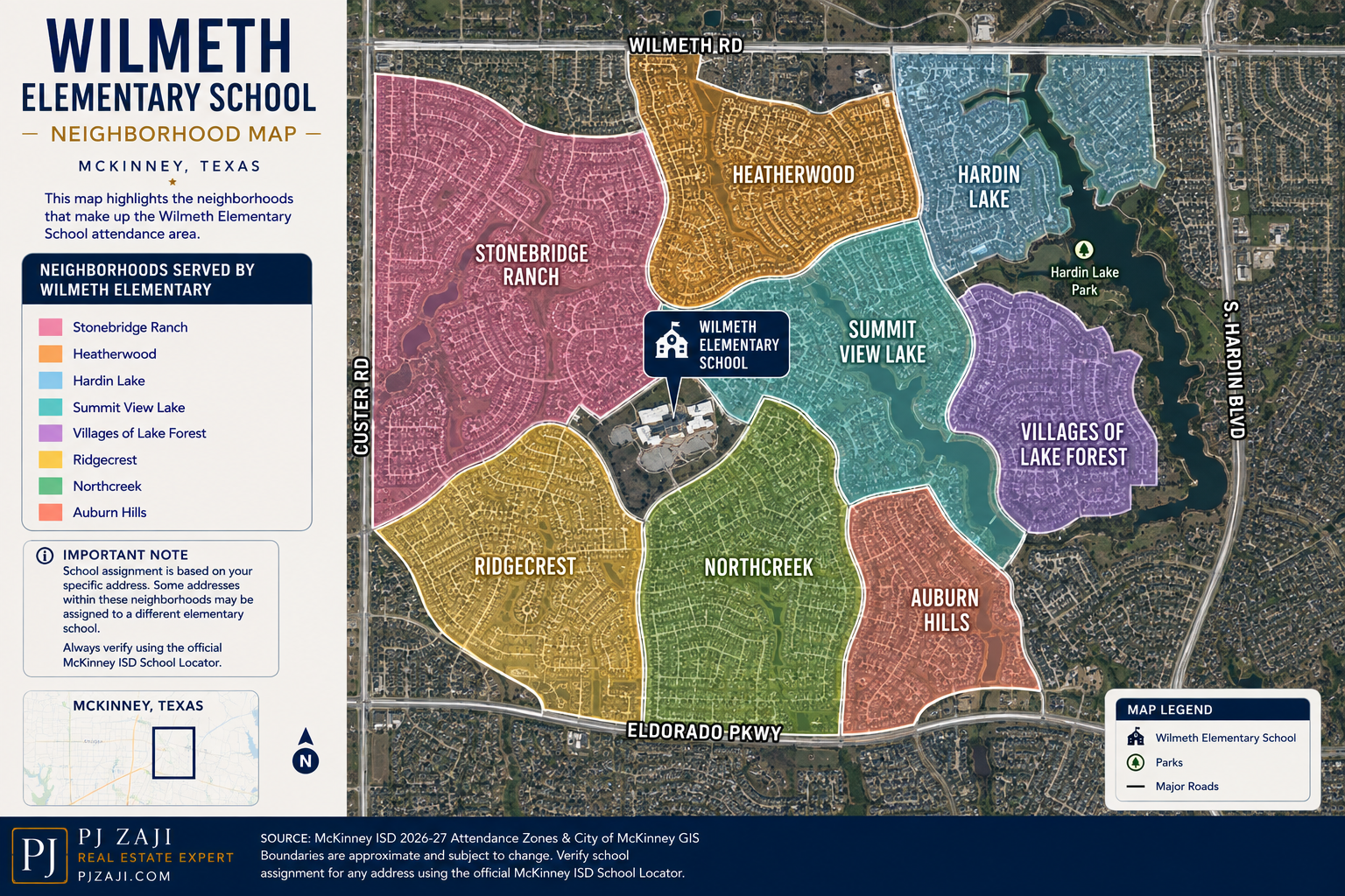Wilmeth Elementary School neighborhood map in McKinney, Texas, showing Stonebridge Ranch, Heatherwood, Hardin Lake, Summit View Lake, Villages of Lake Forest, Ridgecrest, Northcreek, and Auburn Hills within the McKinney ISD attendance area.