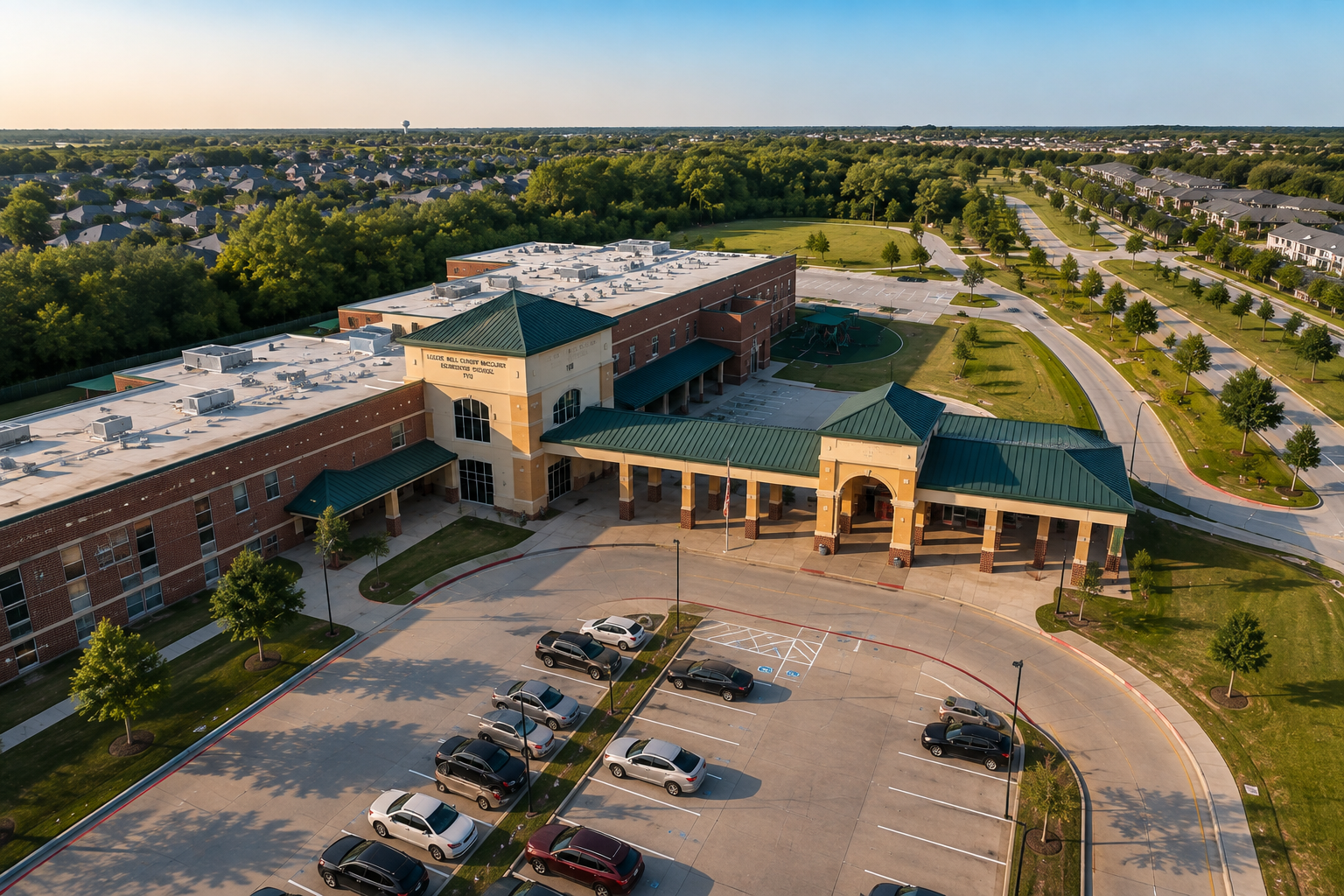 Aerial view of McClure Elementary School in McKinney, Texas, showing the McKinney ISD school campus, main entrance, playground, parking area, green spaces, and surrounding residential neighborhoods.