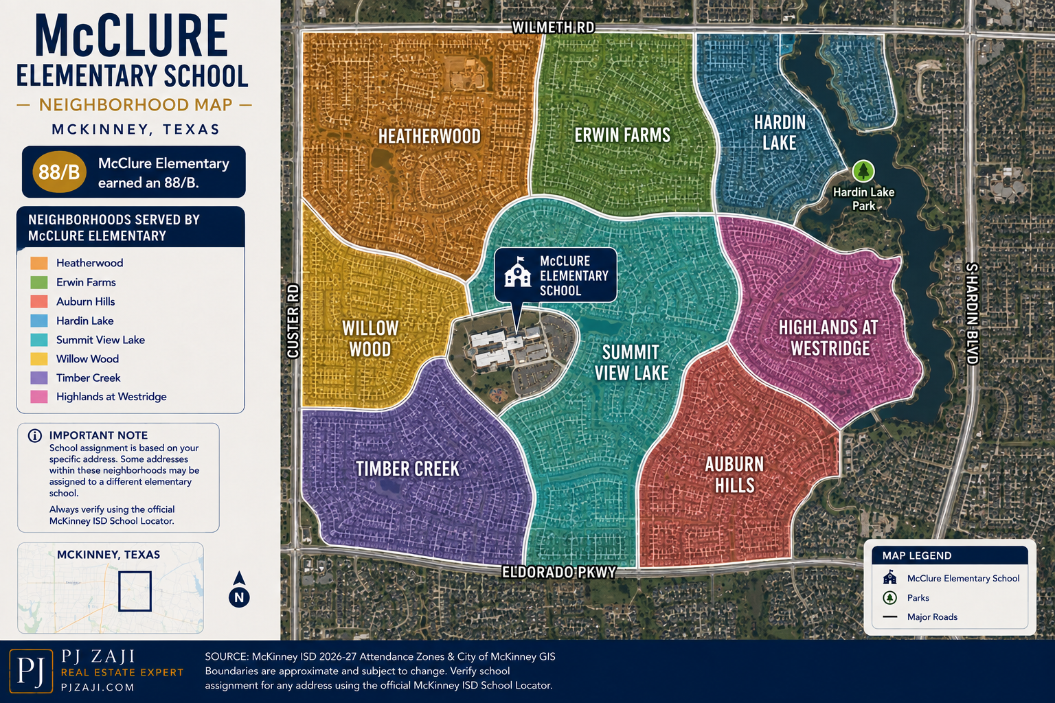 McClure Elementary School neighborhood map in McKinney, Texas, showing Heatherwood, Erwin Farms, Auburn Hills, Hardin Lake, Summit View Lake, Willow Wood, Timber Creek, and Highlands at Westridge within the McKinney ISD attendance area.