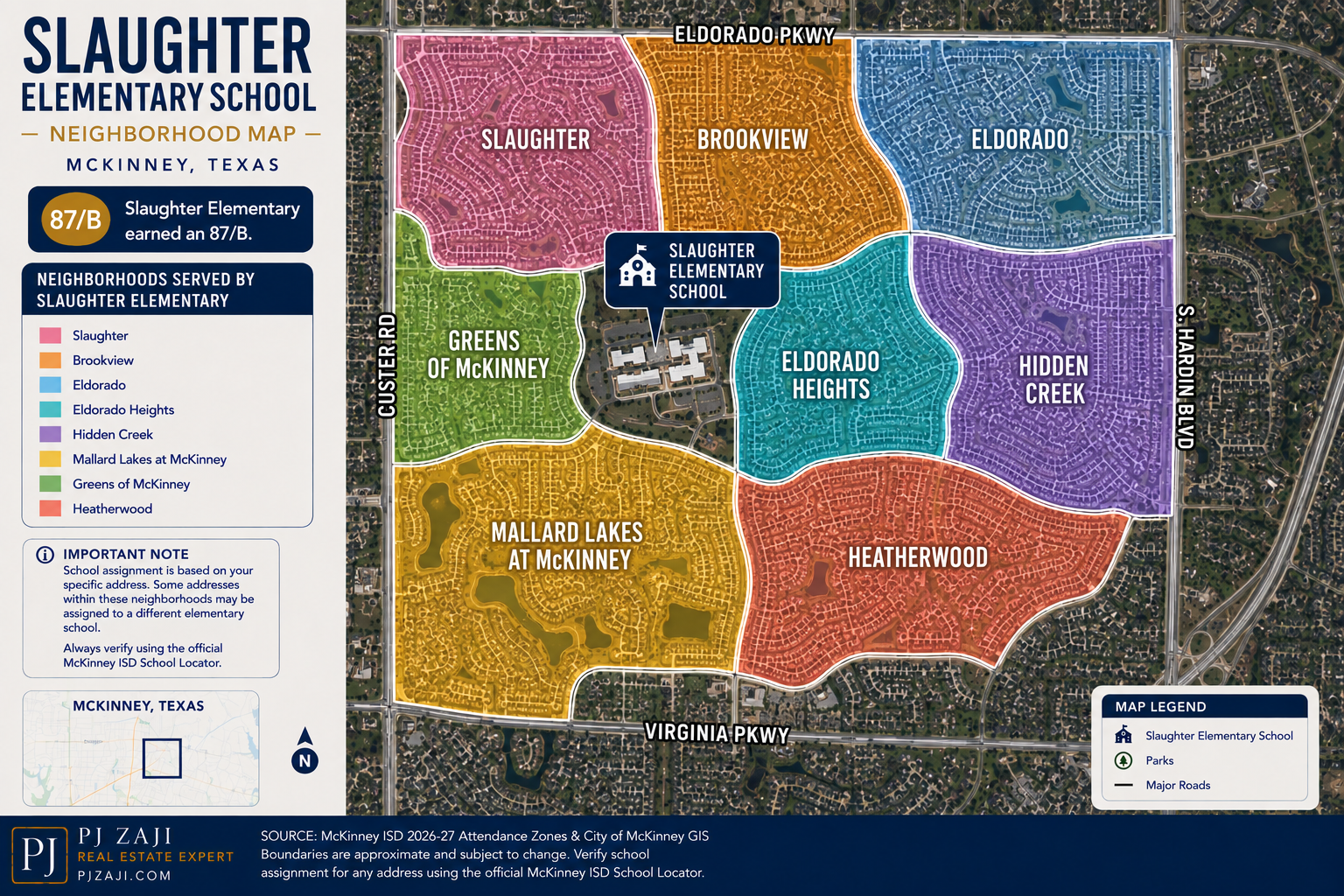 **Alt Text (SEO):** Slaughter Elementary School neighborhood map in McKinney, Texas, showing Slaughter, Brookview, Eldorado, Eldorado Heights, Hidden Creek, Mallard Lakes at McKinney, Greens of McKinney, and Heatherwood within the McKinney ISD attendance area.