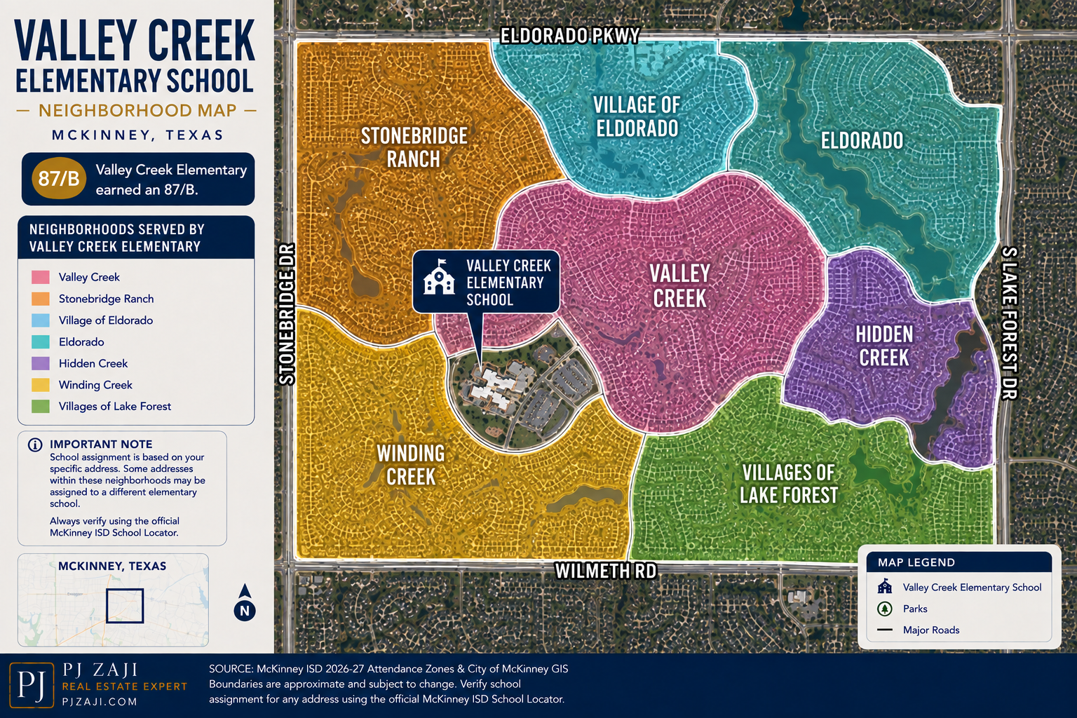 Valley Creek Elementary School neighborhood map in McKinney, Texas, showing Valley Creek, Stonebridge Ranch, Village of Eldorado, Eldorado, Hidden Creek, Winding Creek, and Villages of Lake Forest within the McKinney ISD attendance area.