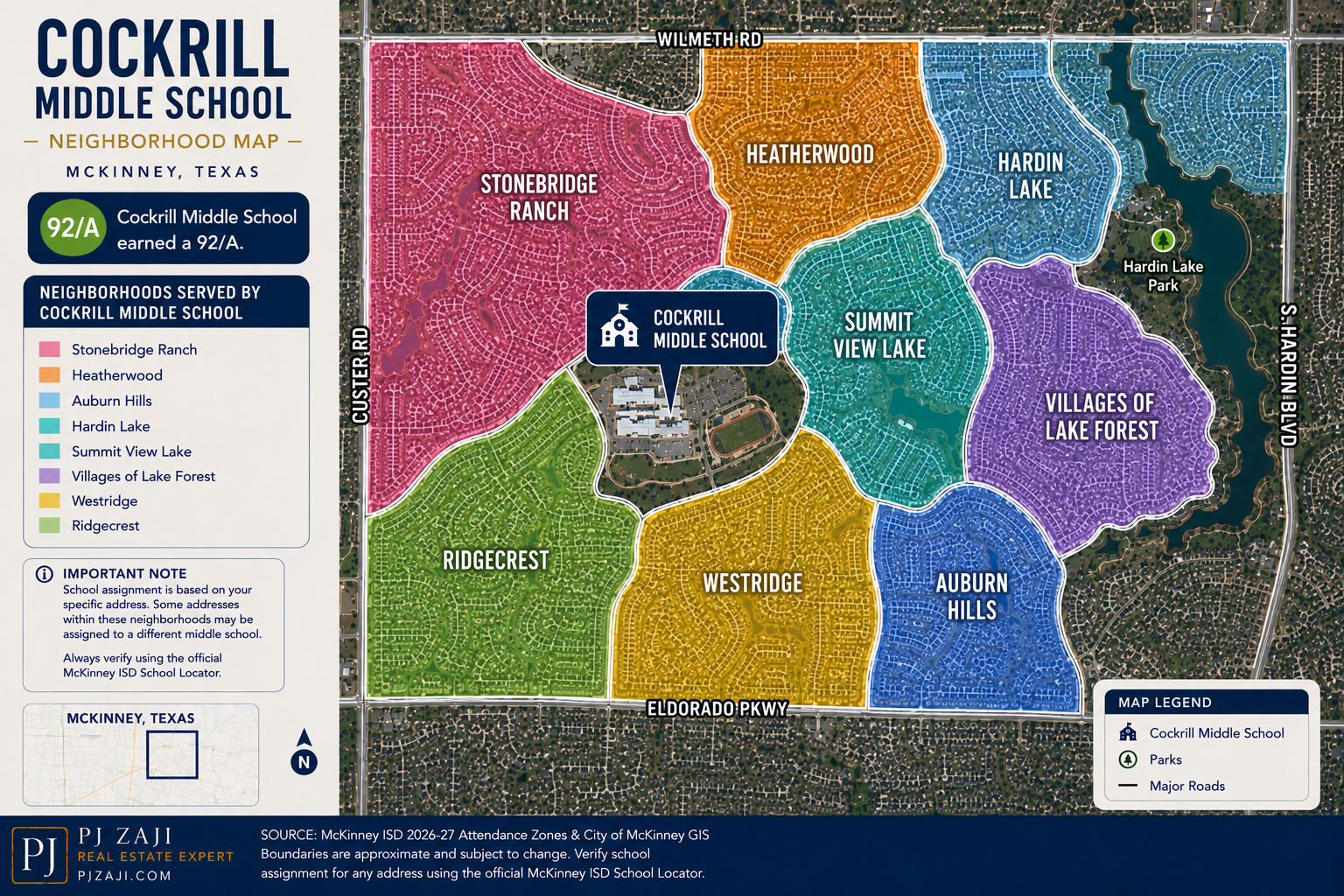 Cockrill Middle School neighborhood map in McKinney, Texas, showing Stonebridge Ranch, Heatherwood, Auburn Hills, Hardin Lake, Summit View Lake, Villages of Lake Forest, Westridge, and Ridgecrest within the McKinney ISD attendance area.