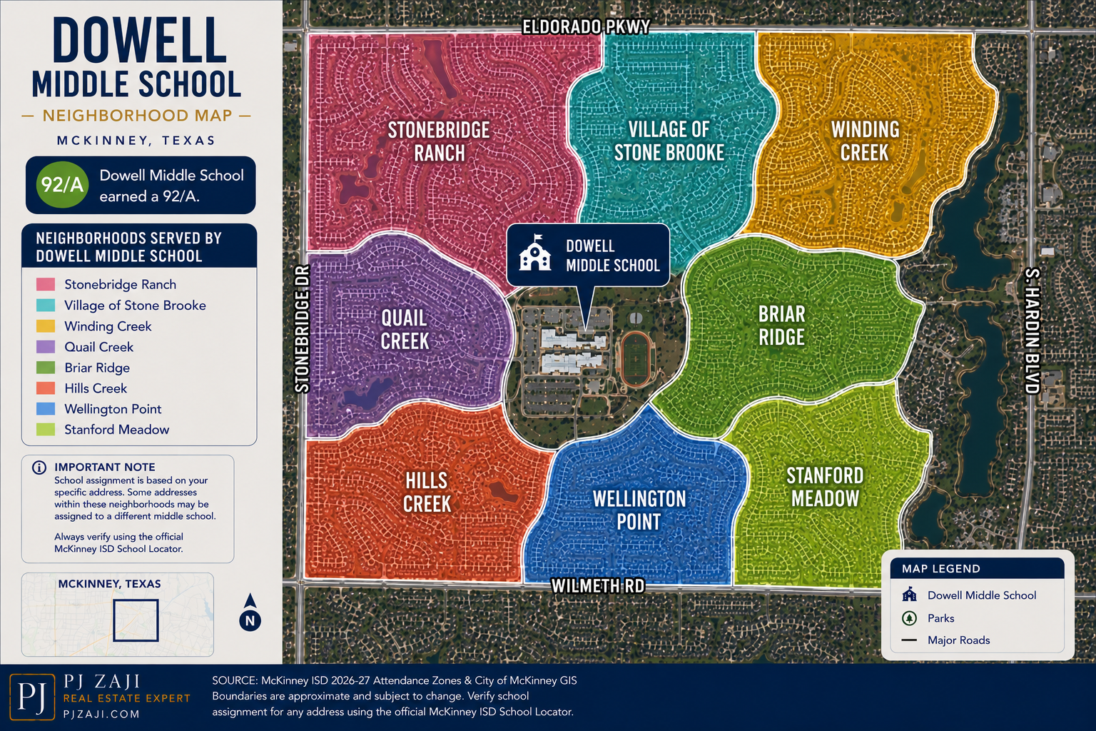 Dowell Middle School neighborhood map in McKinney, Texas, showing Stonebridge Ranch, Village of Stone Brooke, Winding Creek, Quail Creek, Briar Ridge, Hills Creek, Wellington Point, and Stanford Meadow within the McKinney ISD attendance area.
