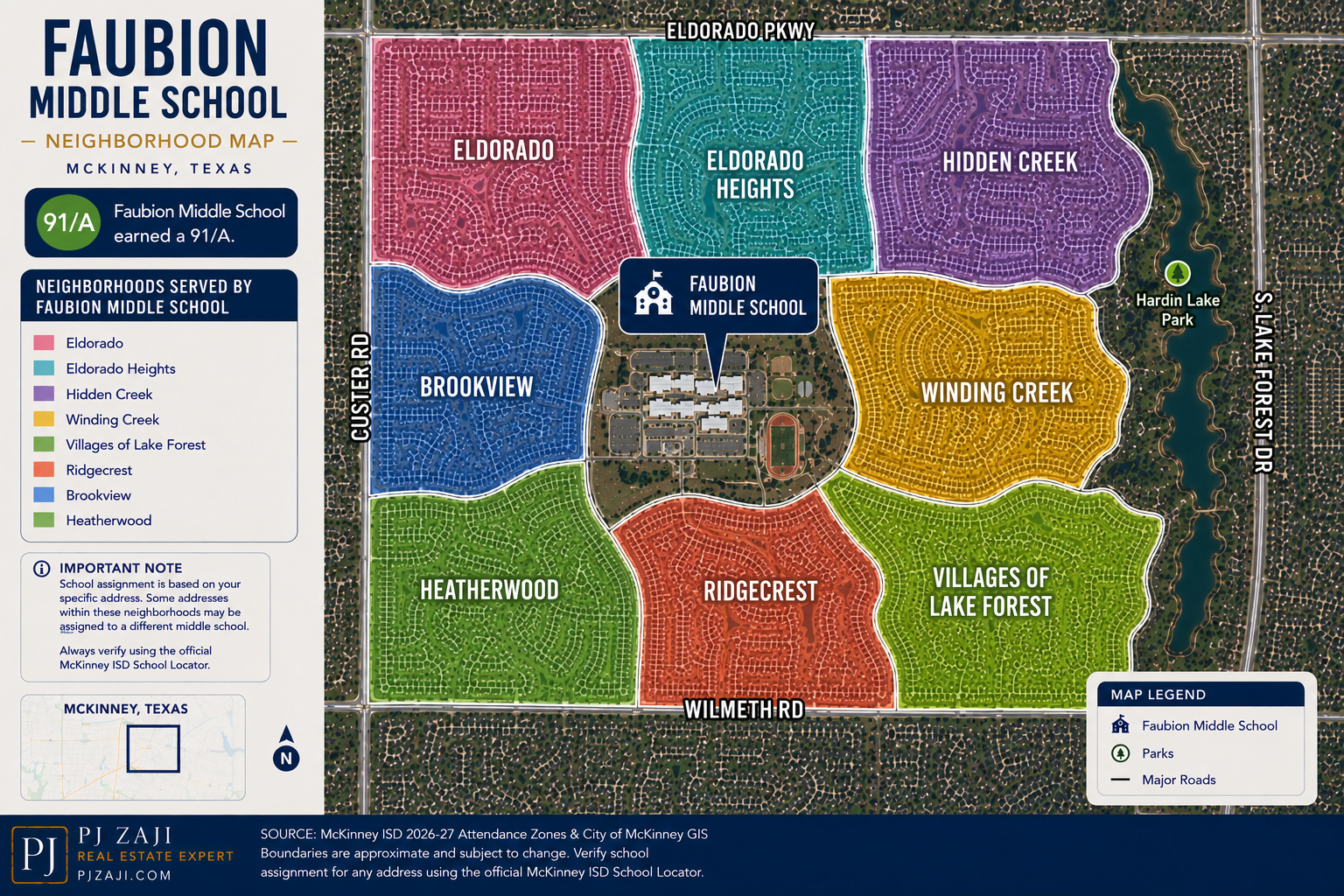 Faubion Middle School neighborhood map in McKinney, Texas, showing Eldorado, Eldorado Heights, Hidden Creek, Winding Creek, Villages of Lake Forest, Ridgecrest, Brookview, and Heatherwood within the McKinney ISD attendance area.