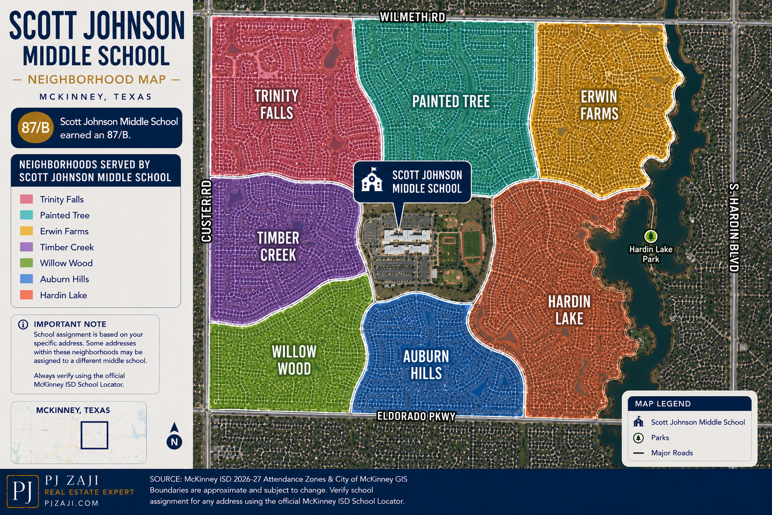 Scott Johnson Middle School neighborhood map in McKinney, Texas, showing Trinity Falls, Painted Tree, Erwin Farms, Timber Creek, Willow Wood, Auburn Hills, and Hardin Lake neighborhoods near the school.