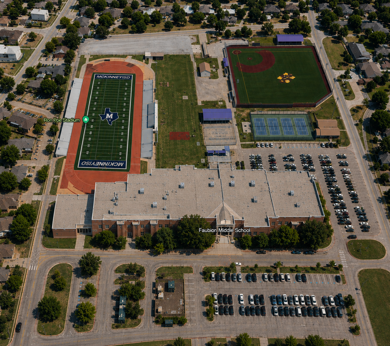 Aerial view of Faubion Middle School in McKinney, Texas, showing the school campus, baseball field, tennis courts, athletic facilities, parking areas, and surrounding McKinney neighborhoods.