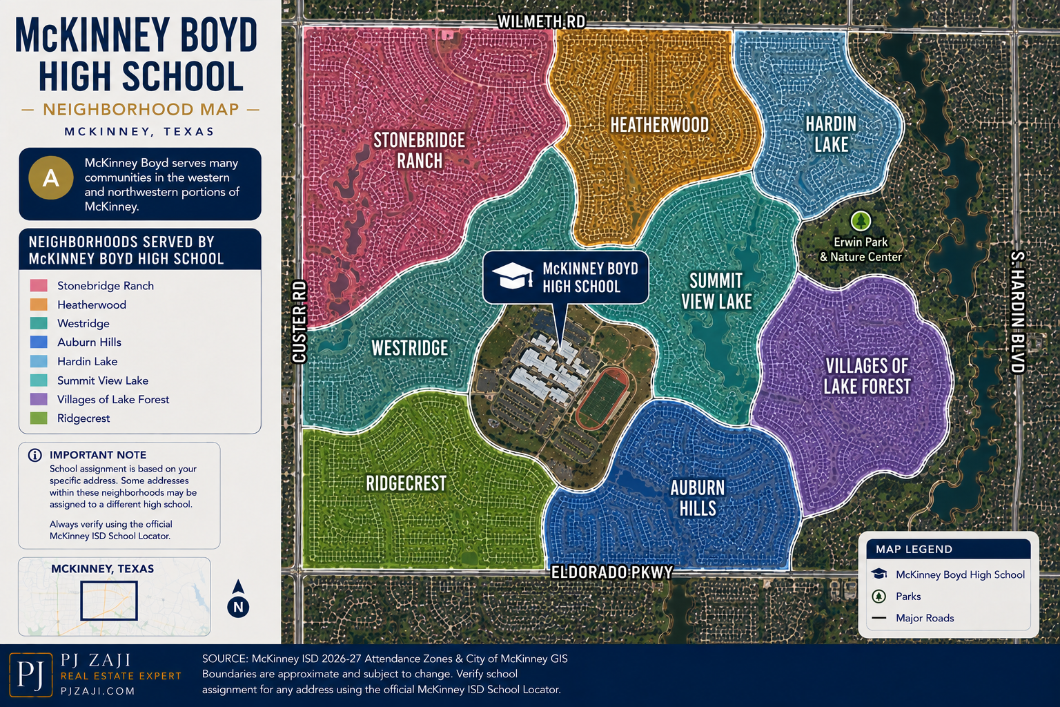 McKinney Boyd High School neighborhood map in McKinney, Texas, showing Stonebridge Ranch, Heatherwood, Westridge, Auburn Hills, Hardin Lake, Summit View Lake, Villages of Lake Forest, and Ridgecrest communities served by McKinney ISD.