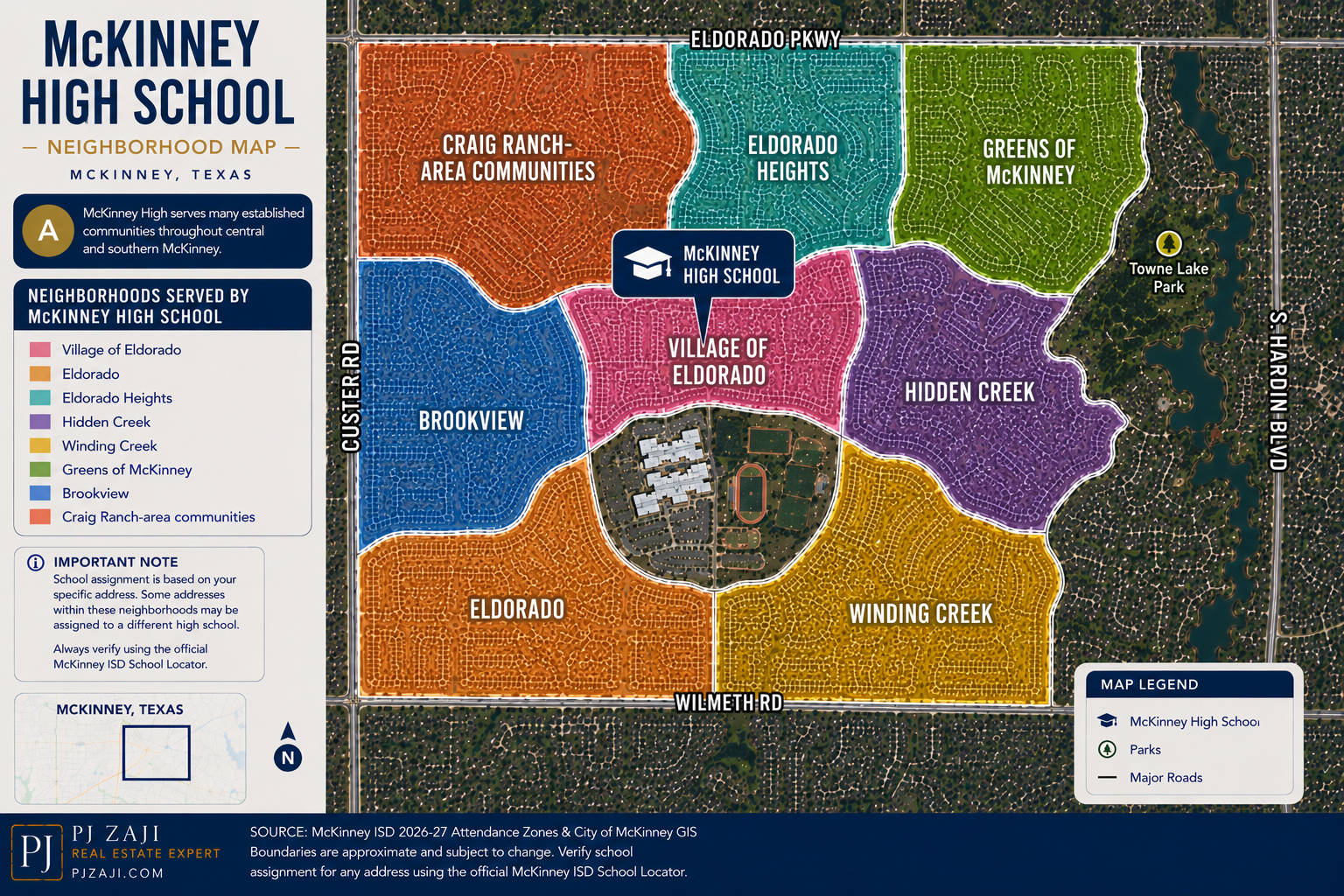 McKinney High School neighborhood map in McKinney, Texas, showing nearby communities including Village of Eldorado, Eldorado, Eldorado Heights, Hidden Creek, Winding Creek, Greens of McKinney, Brookview, and Craig Ranch-area communities.