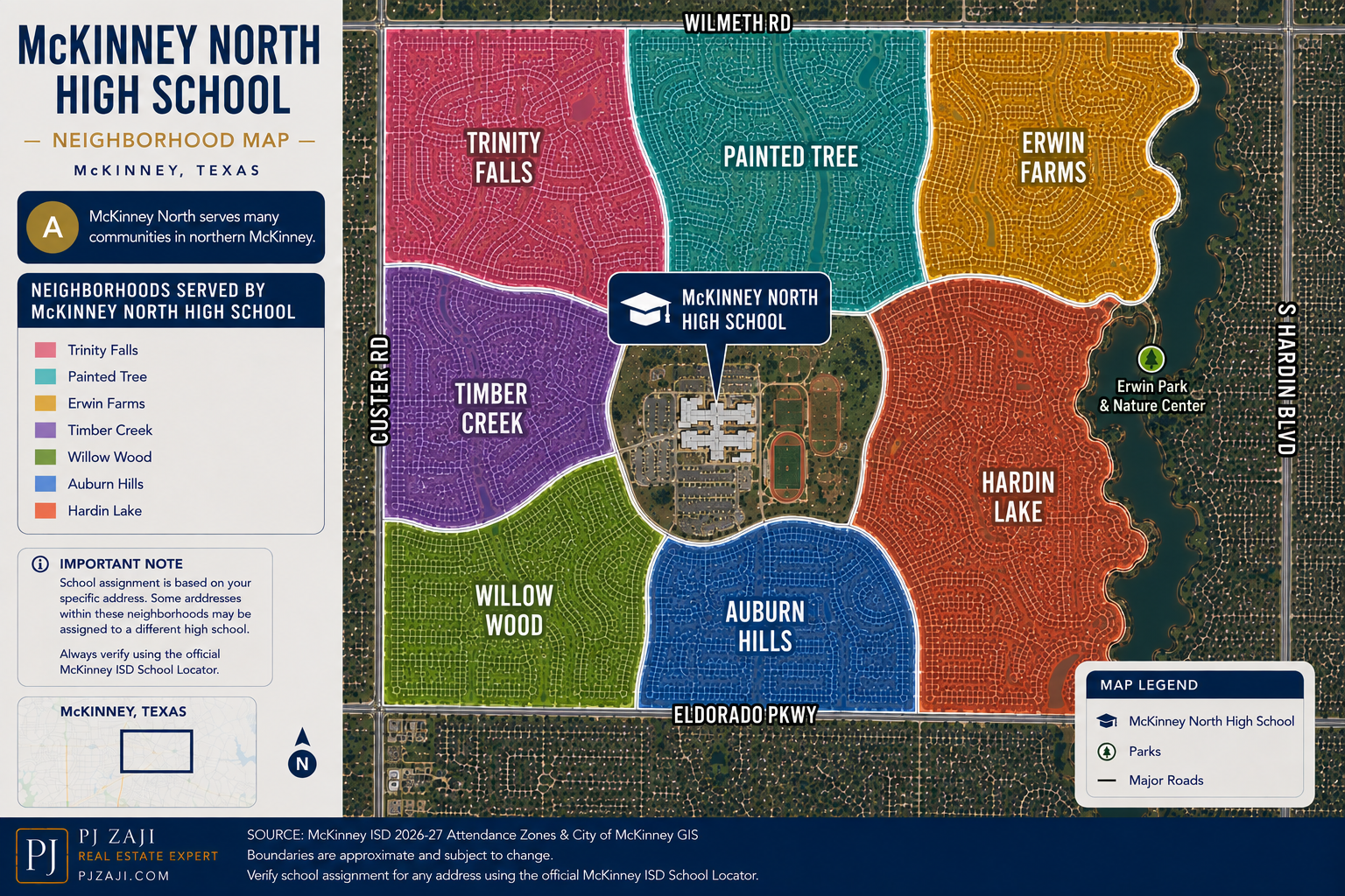 McKinney North High School neighborhood map in McKinney, Texas, showing nearby communities including Trinity Falls, Painted Tree, Erwin Farms, Timber Creek, Willow Wood, Auburn Hills, and Hardin Lake.