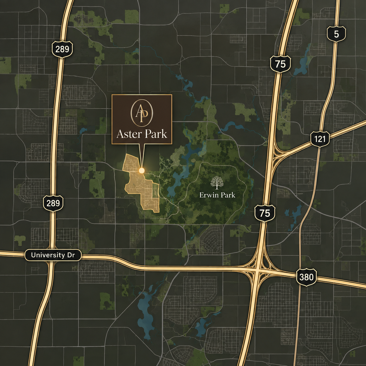 Map showing Aster Park in northwest McKinney, Texas, near Custer Road and US 380