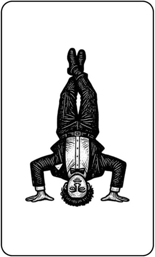 Illustration of a man in a suit and tie balancing in headstand.