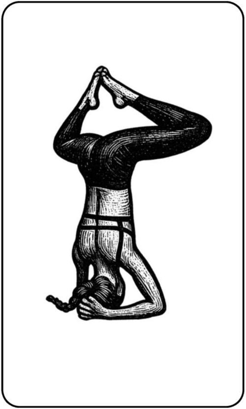 Illustration of a woman in headstand with her legs folded and feet pressed together.