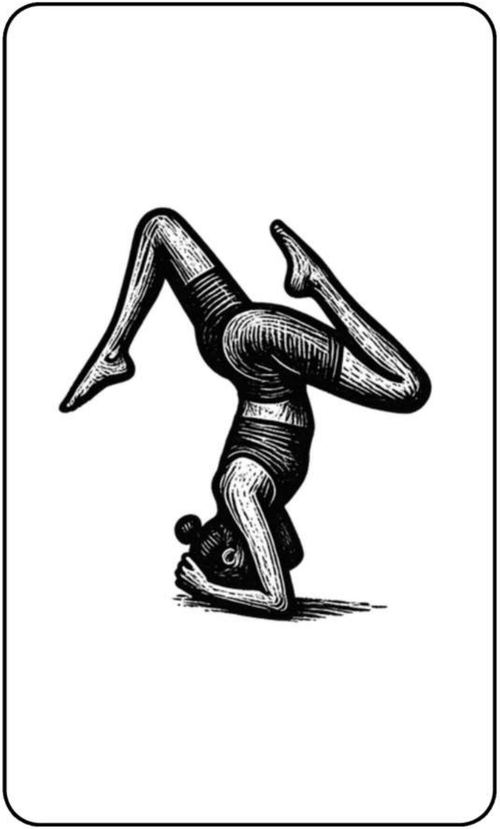 Illustration of a woman in headstand with her legs bent mid-wobble.