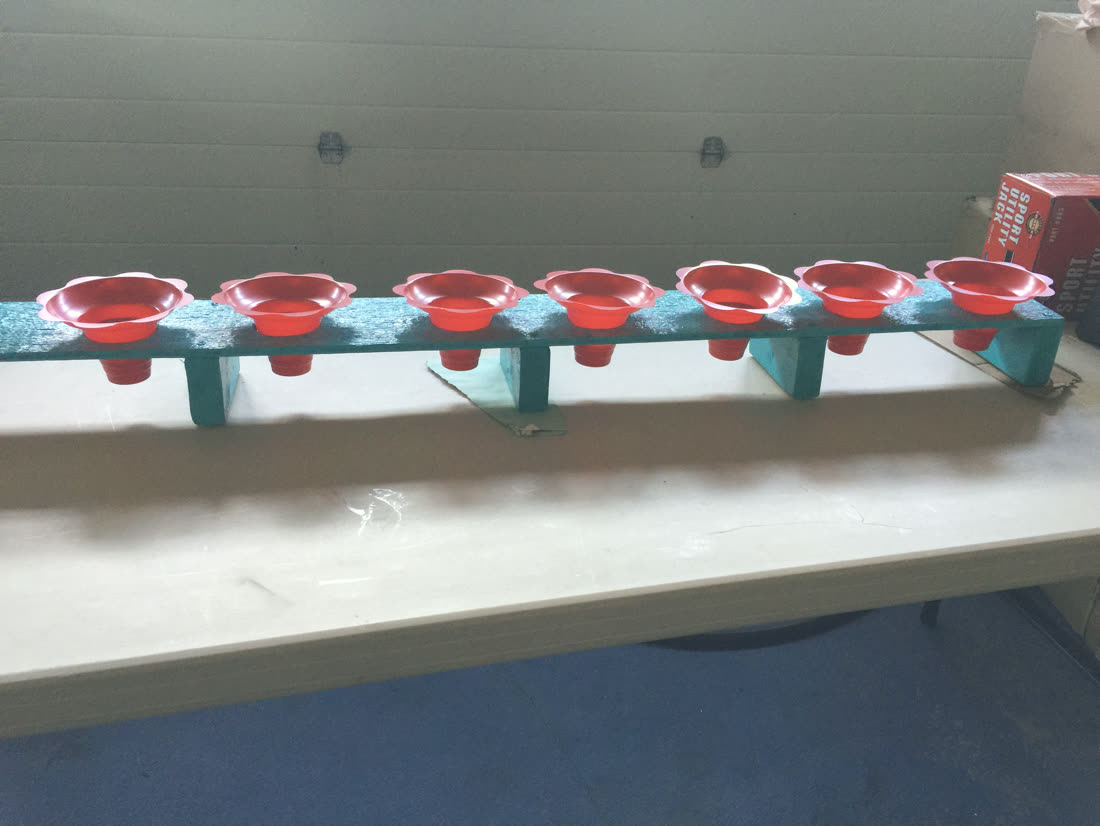 The hand-built serving rack in the garage