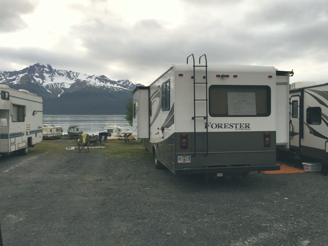 The white Forester RV camped at Seward, Alaska, right on the ocean, 2016