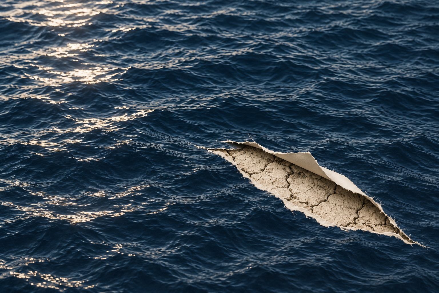 Navy water surface torn open to reveal cracked earth beneath
