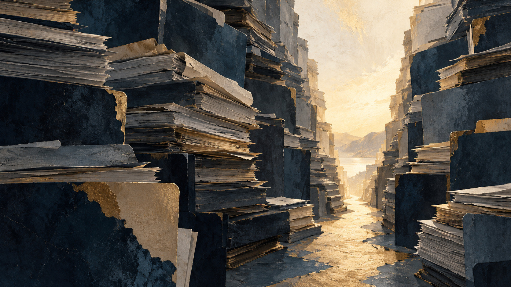 Illustration of a path through towering stacks of files, opening towards the light.