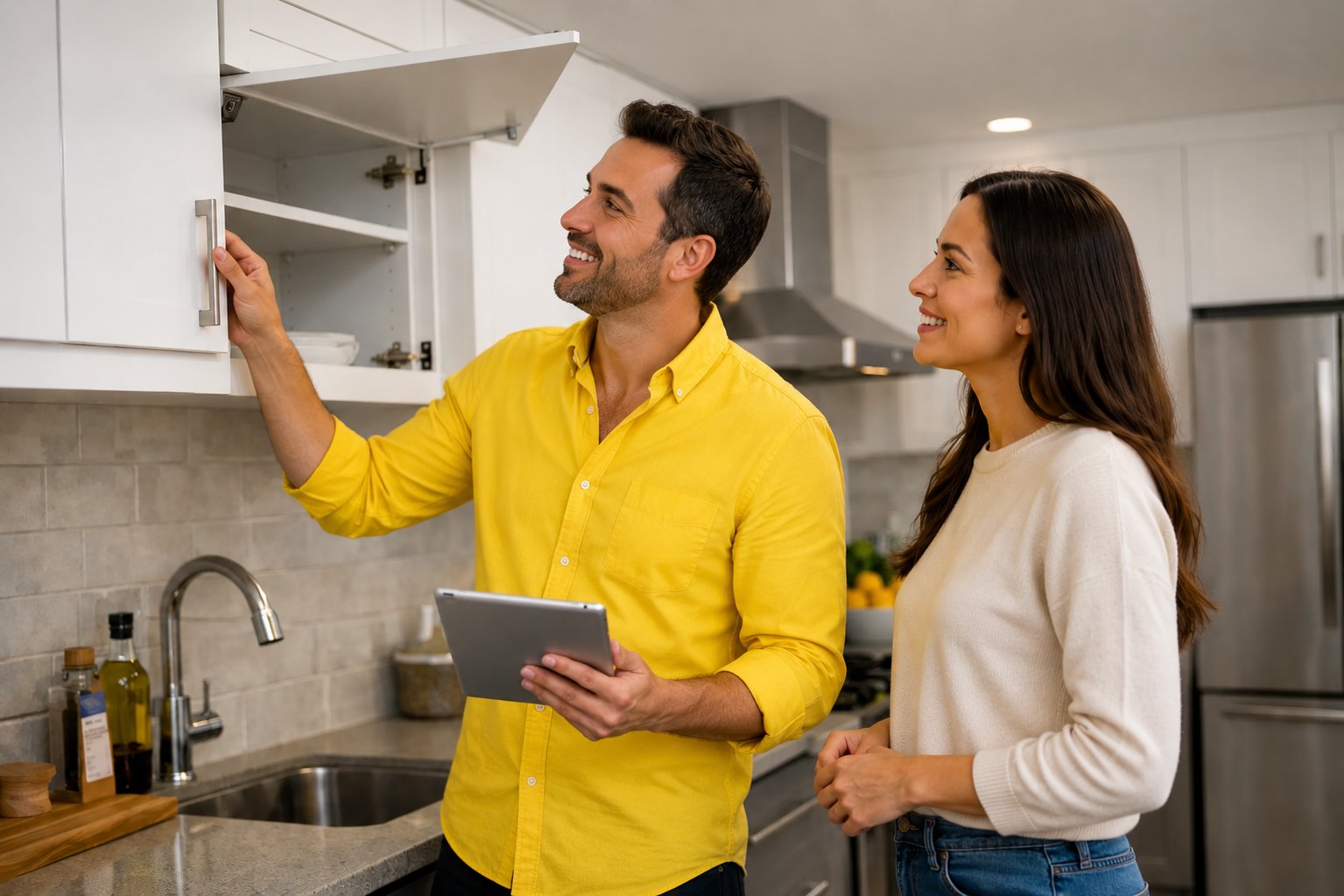 Inspector and tenant reviewing a kitchen during a property inventory check