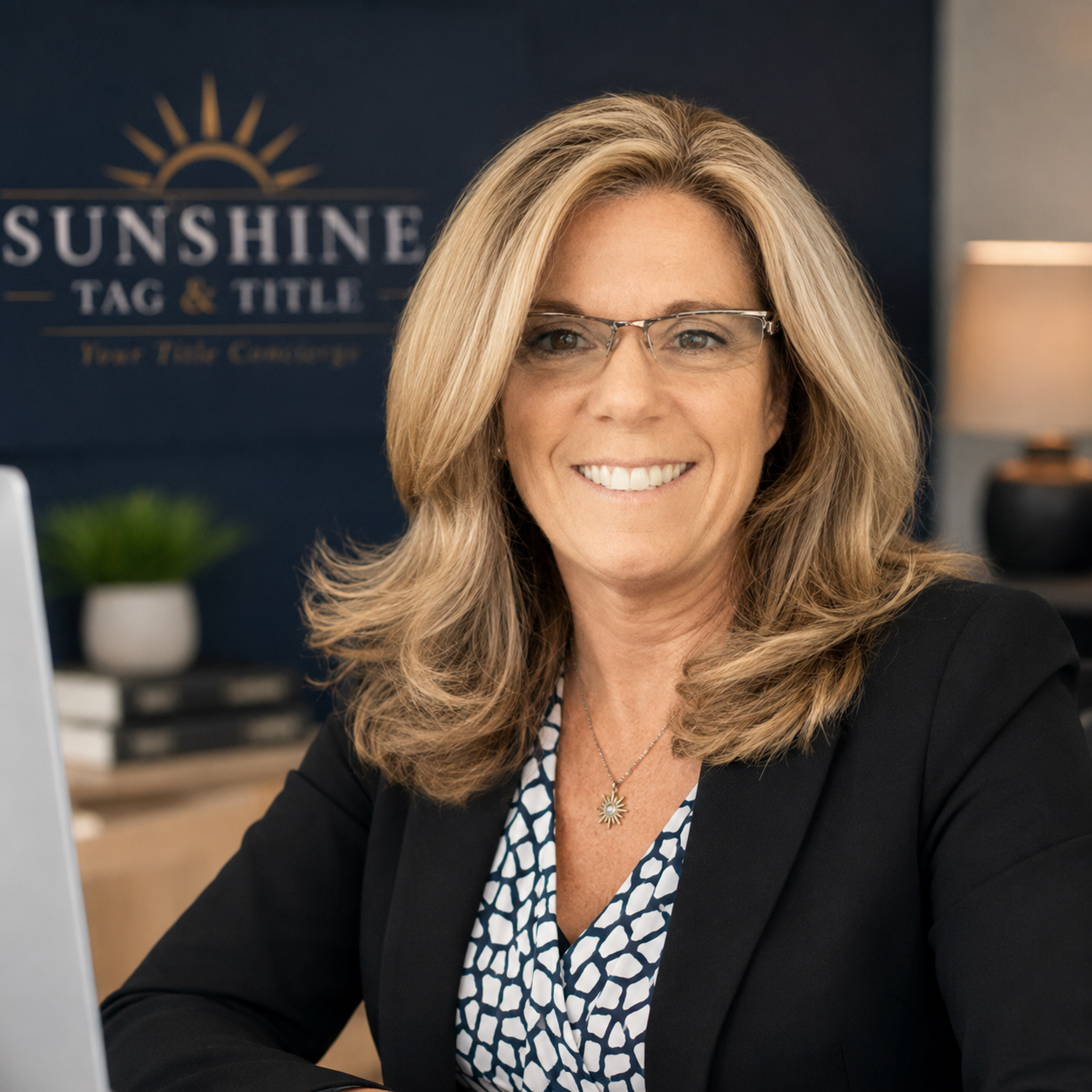 Kathy Padron, founder of Sunshine Tag & Title, at her desk