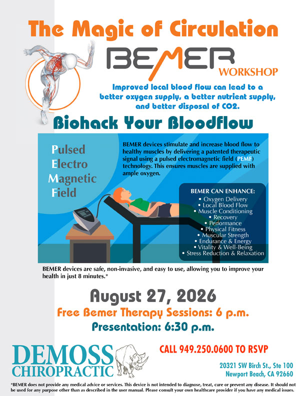 Bemer Workshop poster — Biohack Your Bloodflow, 27 August 2026 at DeMoss Chiropractic