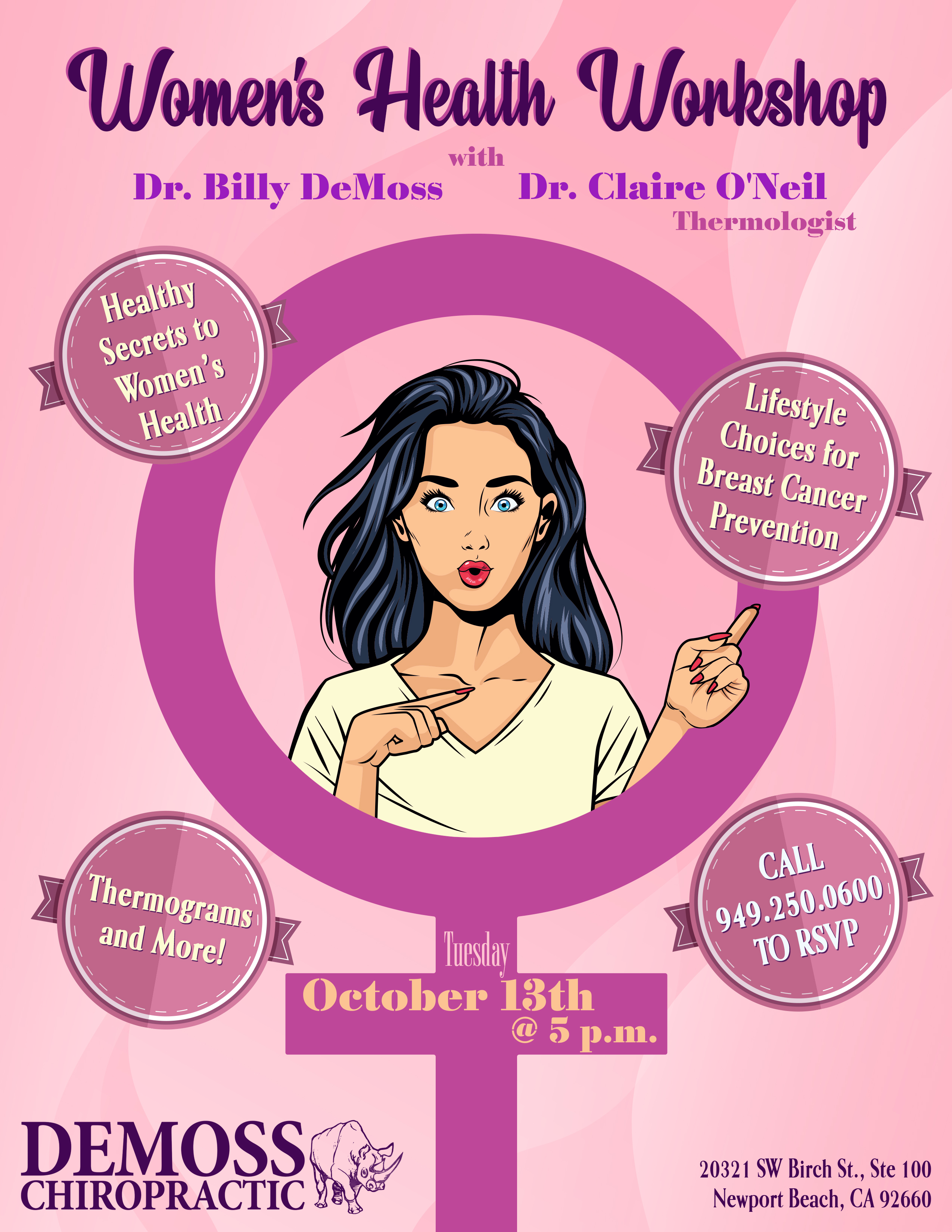 Women's Health Workshop poster with Dr. Billy DeMoss and Dr. Claire O'Neil, Tuesday 13 October 2026 at 5pm